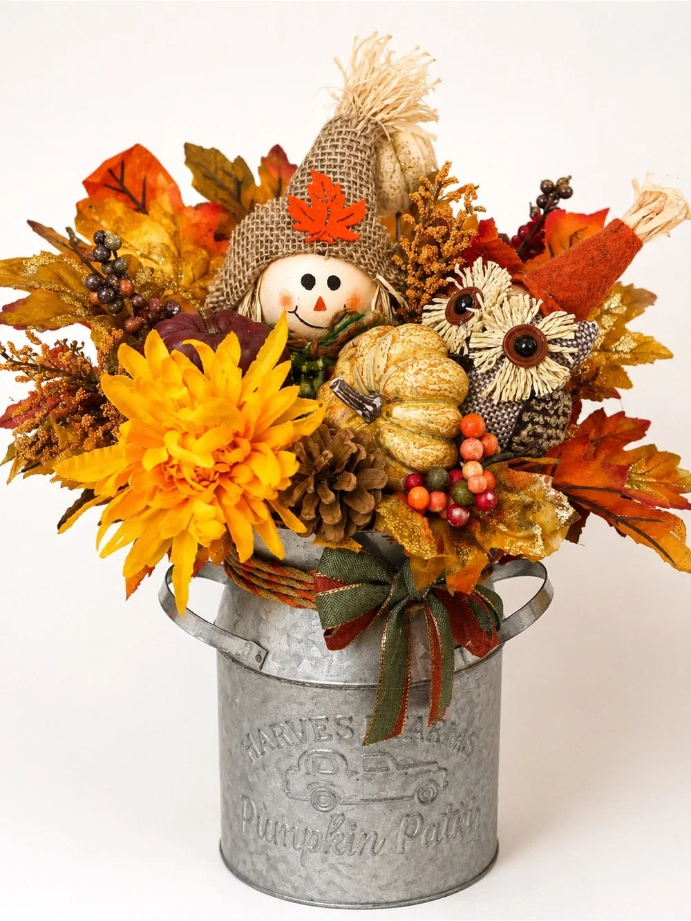 Autumn Harvest Fall Floral Arrangement with Scarecrow and Owl